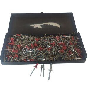 Vintage Black Metal Storage Box Filled With Various Sized Rivets